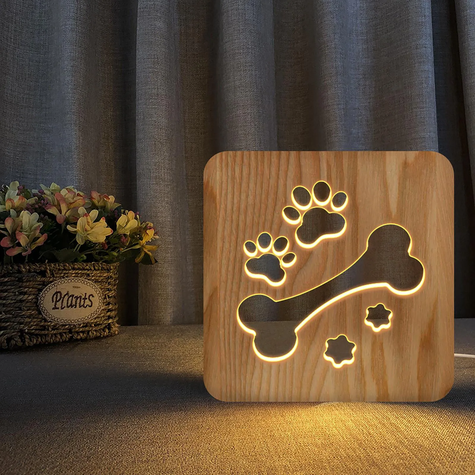 LED Wooden Night Lamps for Bedrooms Table Lamp With 3D Pet Cat Lampshade USB