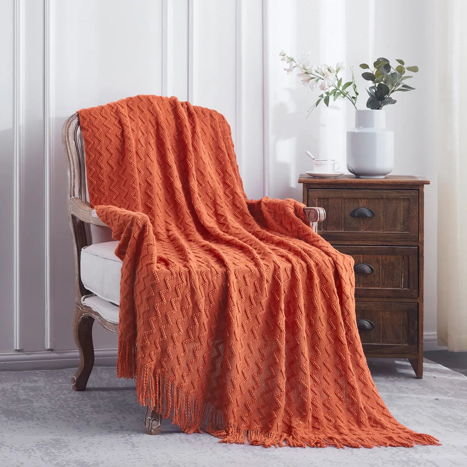 Lunarose 50"x60" Orange-Wave Throw Blanket - Cozy Knitted Decorative Blanket