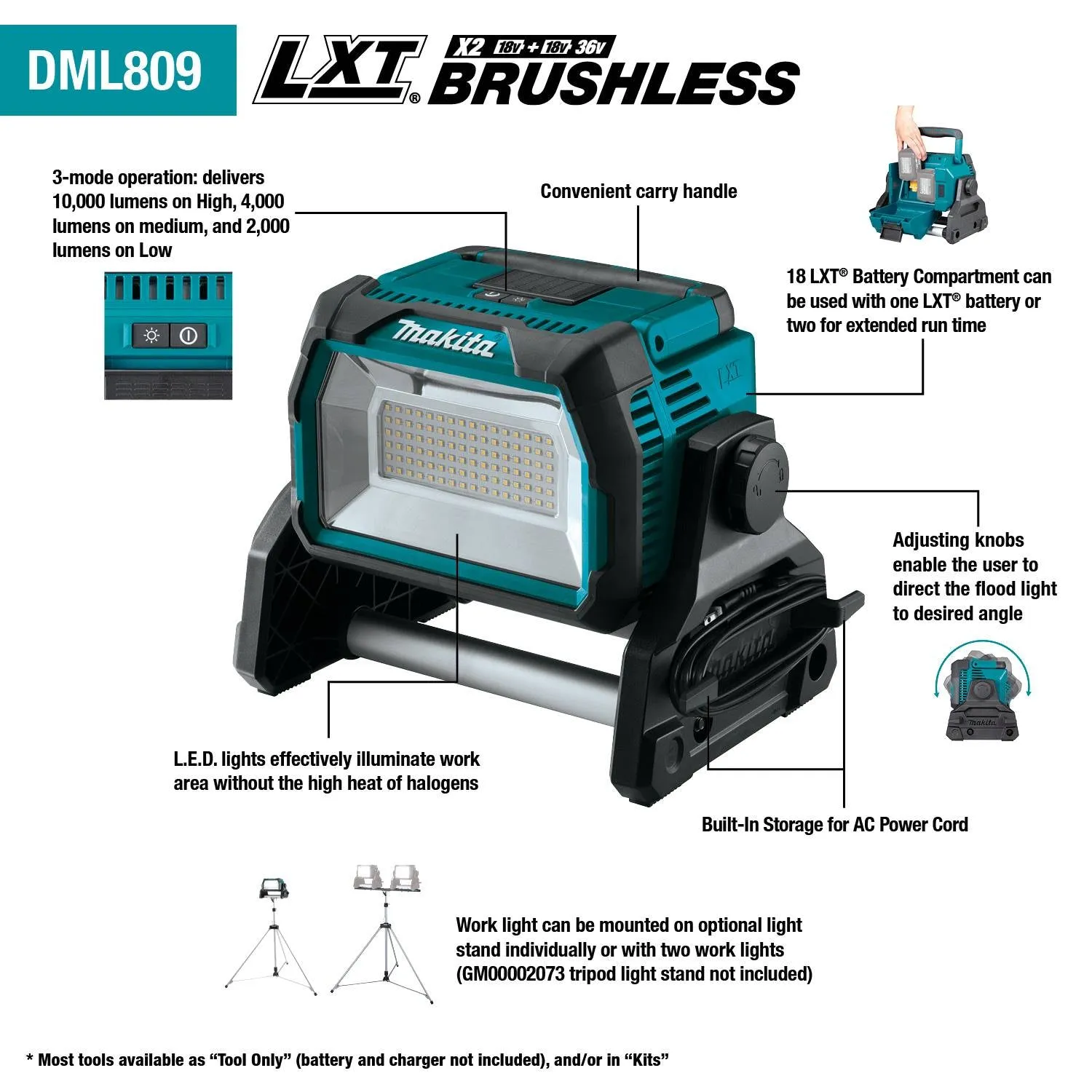 Makita (DML809) 18V X2 LXT® Cordless/Corded Work Light, Light Only