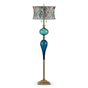 Maxwell Floor Lamp F246K172 Art Deco Embroidered Blue Teal and Green Shade Teal and Blue Blown Glass Base by Kinzig Design