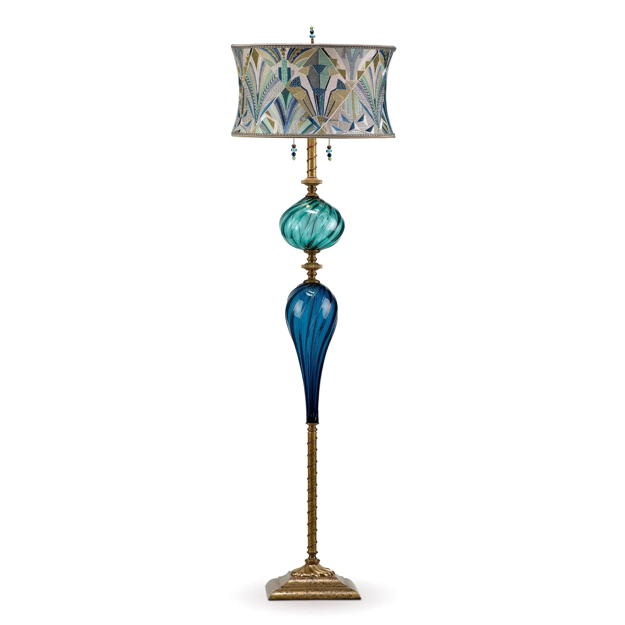 Maxwell Floor Lamp F246K172 Art Deco Embroidered Blue Teal and Green Shade Teal and Blue Blown Glass Base by Kinzig Design