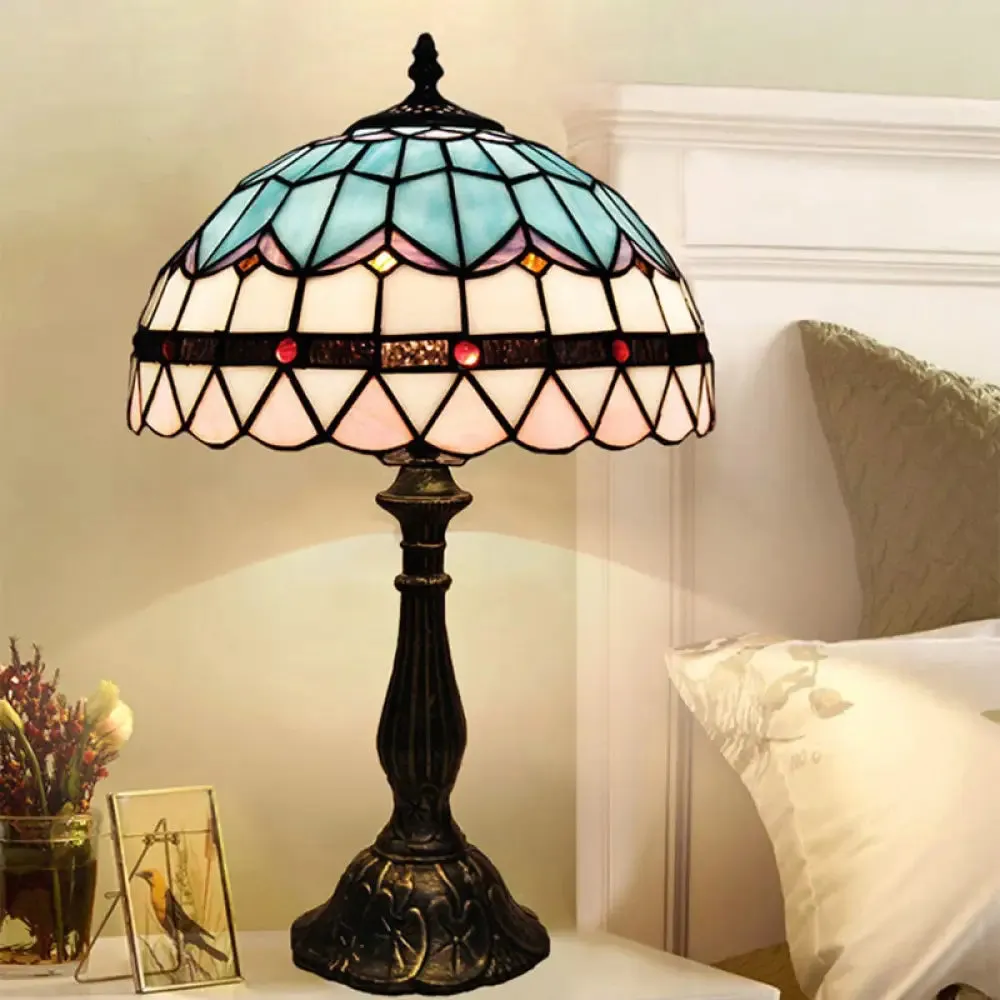 Mediterranean Dome Stained Glass Nightstand Lamp for Bedside Table