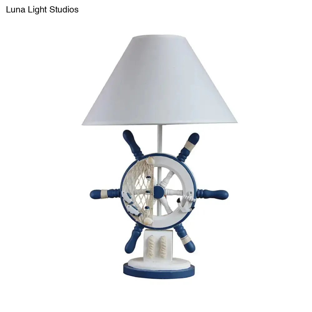 Mediterranean Style Wood Rudder Night Lamp - Single Blue Table Light with Cone Fabric Shade