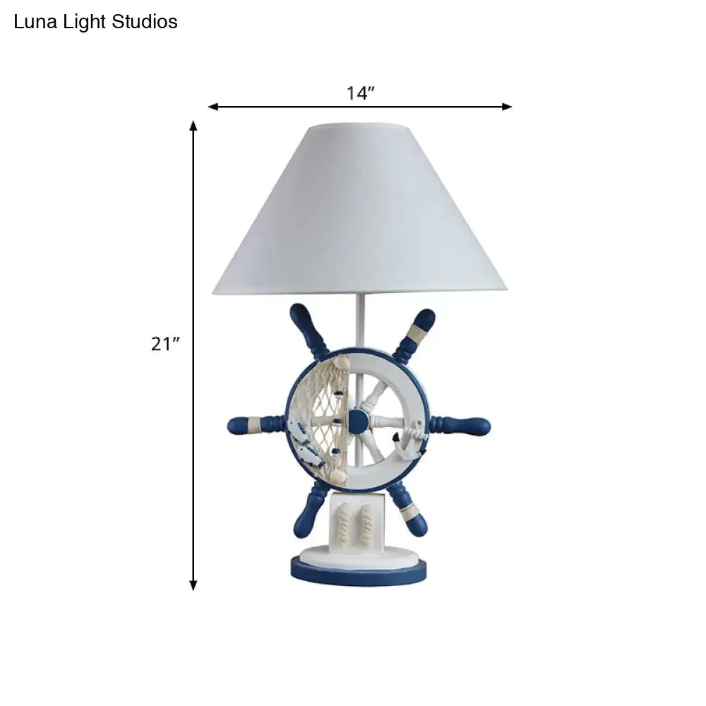 Mediterranean Style Wood Rudder Night Lamp - Single Blue Table Light with Cone Fabric Shade