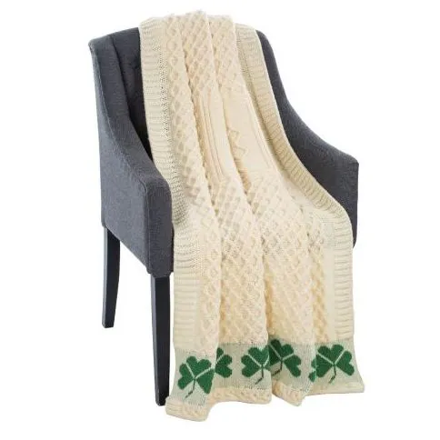 Merino Wool Irish Shamrock Blanket in White