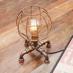 Metal Ball Cage Table Lamp with Pipe-Like Base - Industrial Style Mini Table Light, Antique Bronze Finish, 1 Bulb - Ideal for Bedroom