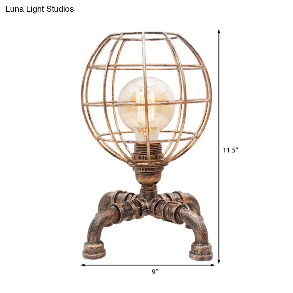 Metal Ball Cage Table Lamp with Pipe-Like Base - Industrial Style Mini Table Light, Antique Bronze Finish, 1 Bulb - Ideal for Bedroom