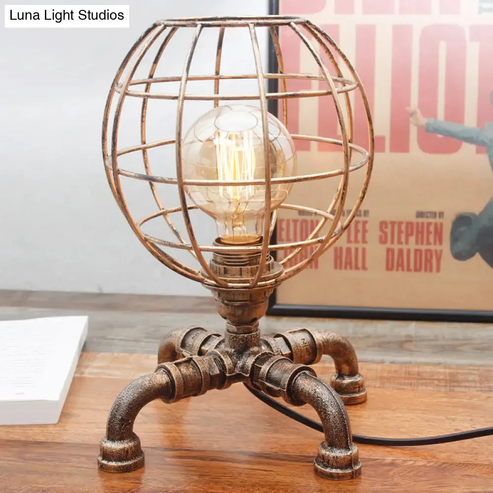 Metal Ball Cage Table Lamp with Pipe-Like Base - Industrial Style Mini Table Light, Antique Bronze Finish, 1 Bulb - Ideal for Bedroom