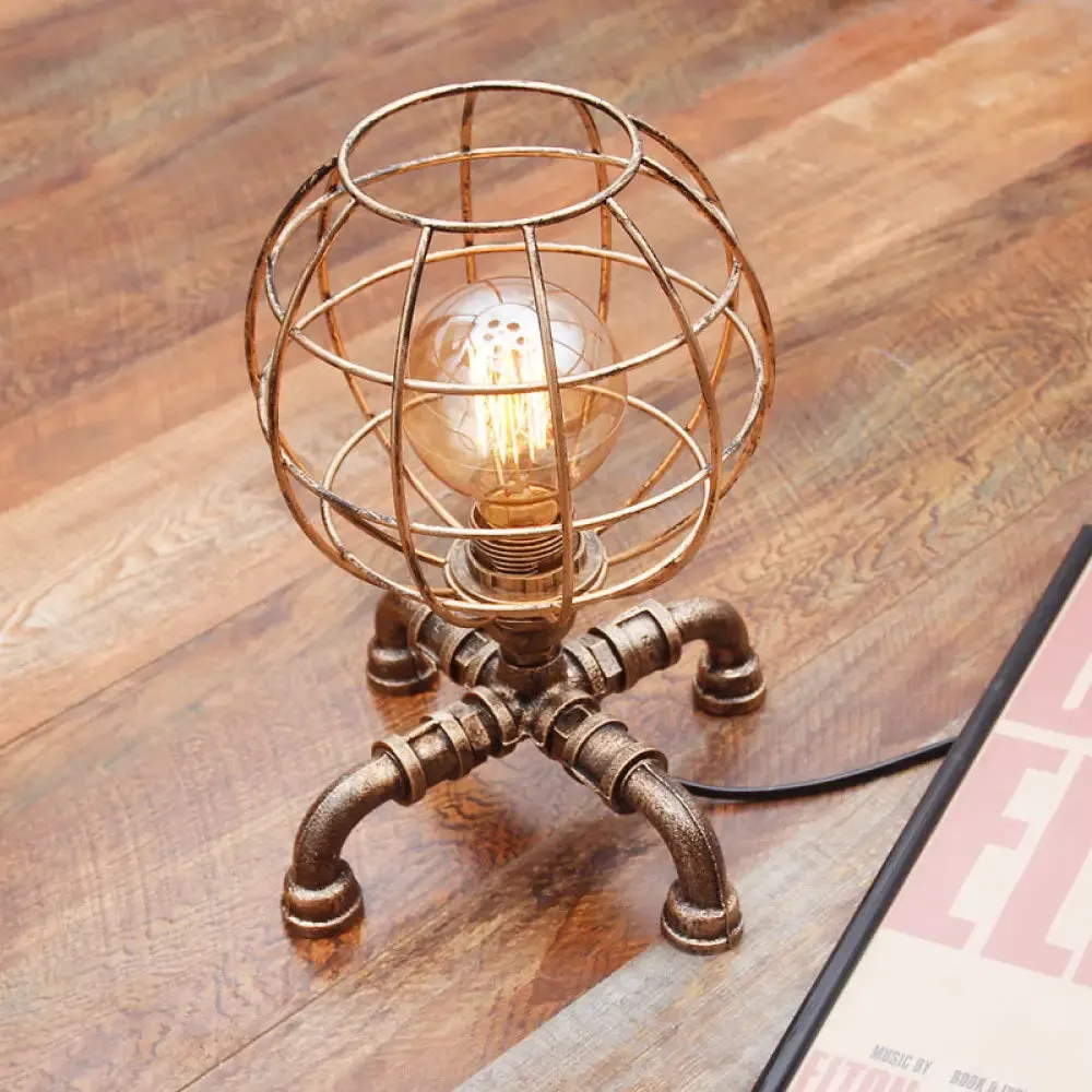 Metal Ball Cage Table Lamp with Pipe-Like Base - Industrial Style Mini Table Light, Antique Bronze Finish, 1 Bulb - Ideal for Bedroom