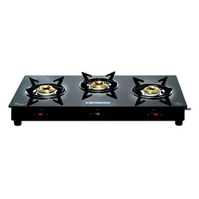 MILTON Premium 3 Burner Black Manual Ignition LPG Glass Top Gas Stove, (ISI Certified)