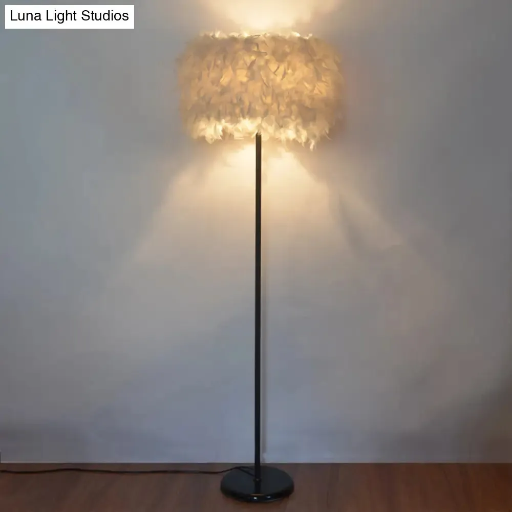 Minimalist Black/White Drum Floor Lamp with Feathered 1 Head, Curved/Straight Lamp Pole