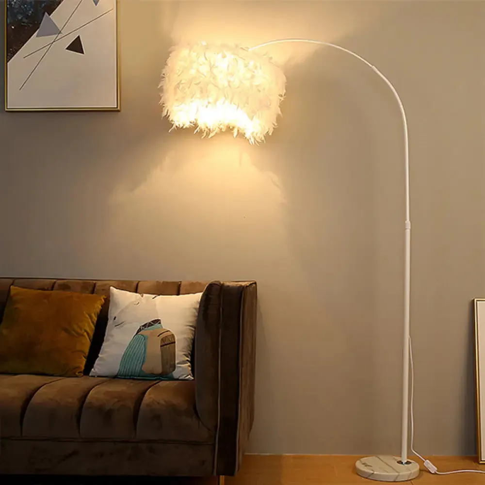 Minimalist Black/White Drum Floor Lamp with Feathered 1 Head, Curved/Straight Lamp Pole