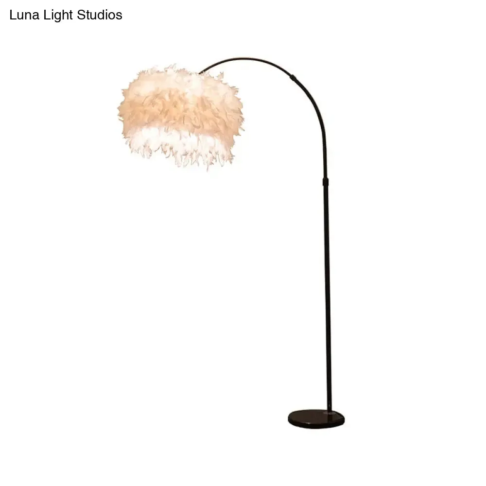 Minimalist Black/White Drum Floor Lamp with Feathered 1 Head, Curved/Straight Lamp Pole