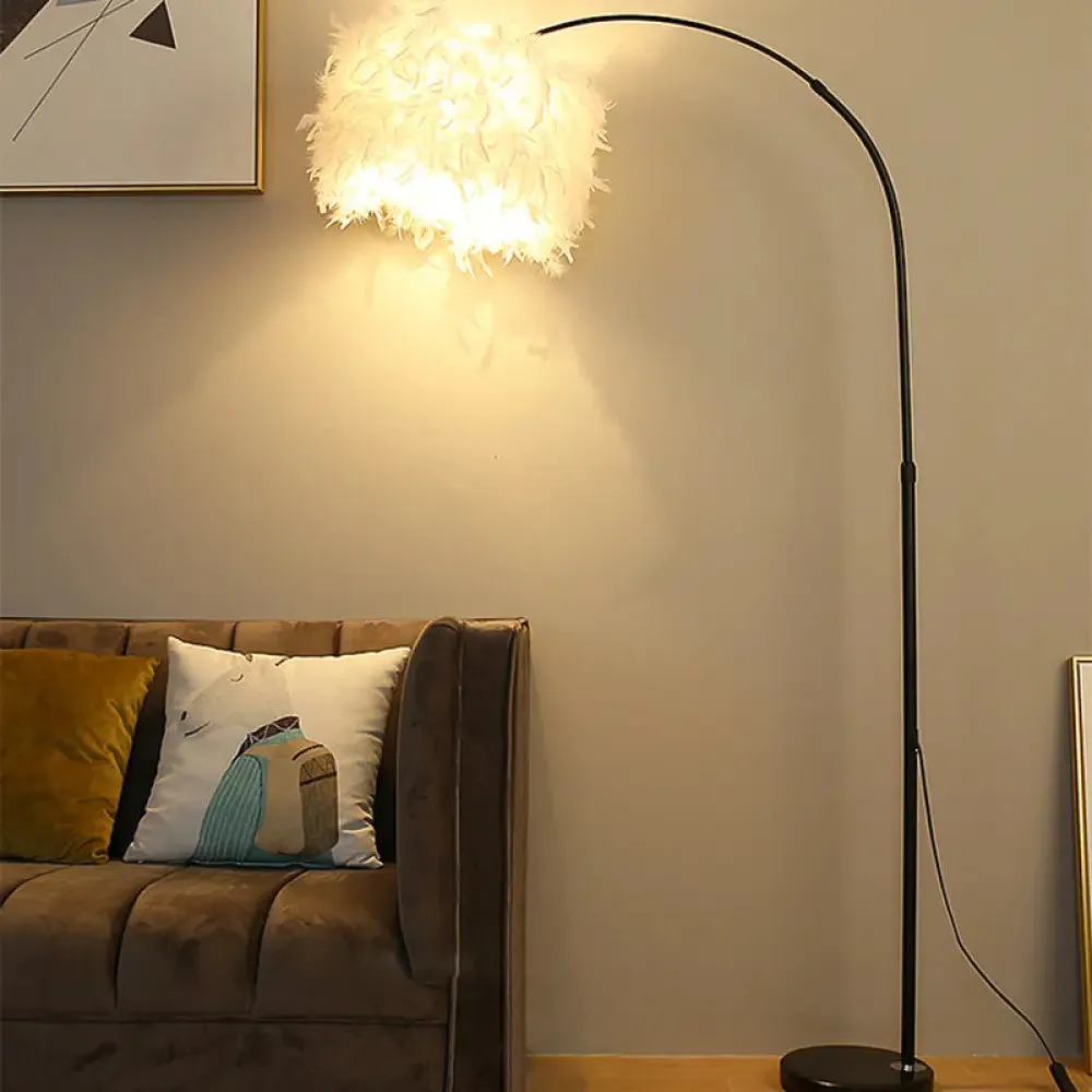 Minimalist Black/White Drum Floor Lamp with Feathered 1 Head, Curved/Straight Lamp Pole