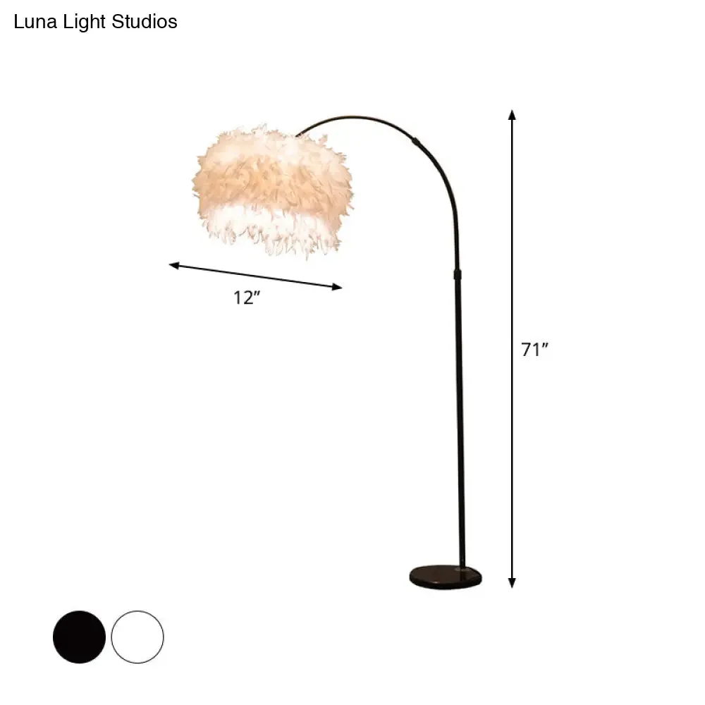 Minimalist Black/White Drum Floor Lamp with Feathered 1 Head, Curved/Straight Lamp Pole