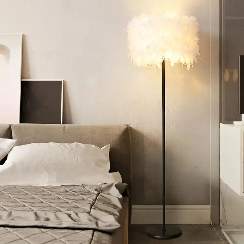 Minimalist Black/White Drum Floor Lamp with Feathered 1 Head, Curved/Straight Lamp Pole