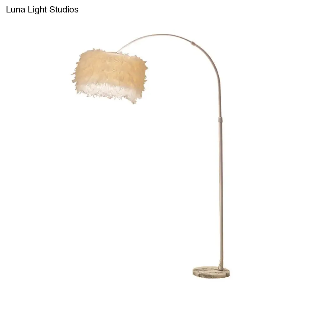 Minimalist Black/White Drum Floor Lamp with Feathered 1 Head, Curved/Straight Lamp Pole