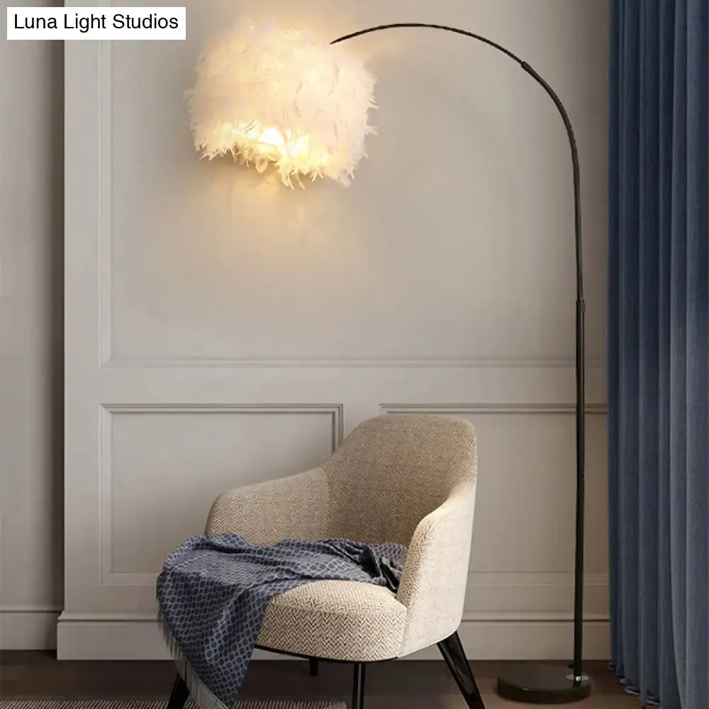 Minimalist Black/White Drum Floor Lamp with Feathered 1 Head, Curved/Straight Lamp Pole