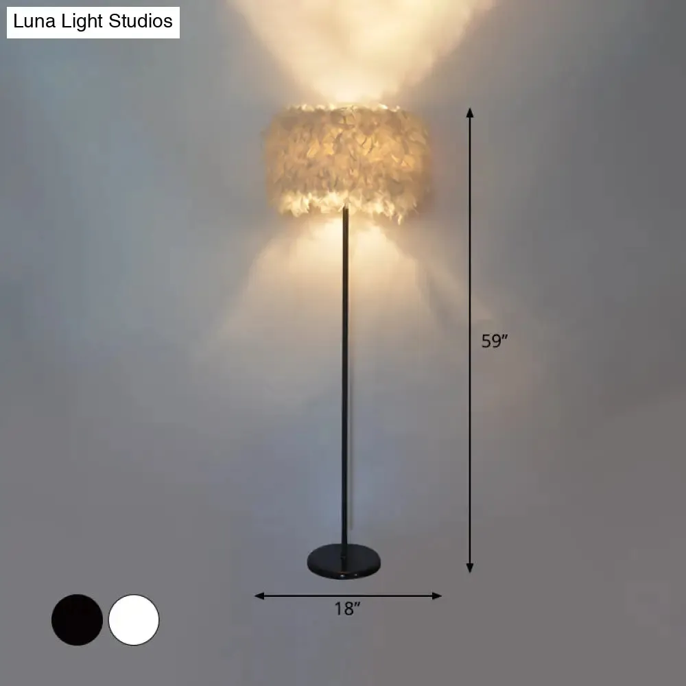 Minimalist Black/White Drum Floor Lamp with Feathered 1 Head, Curved/Straight Lamp Pole