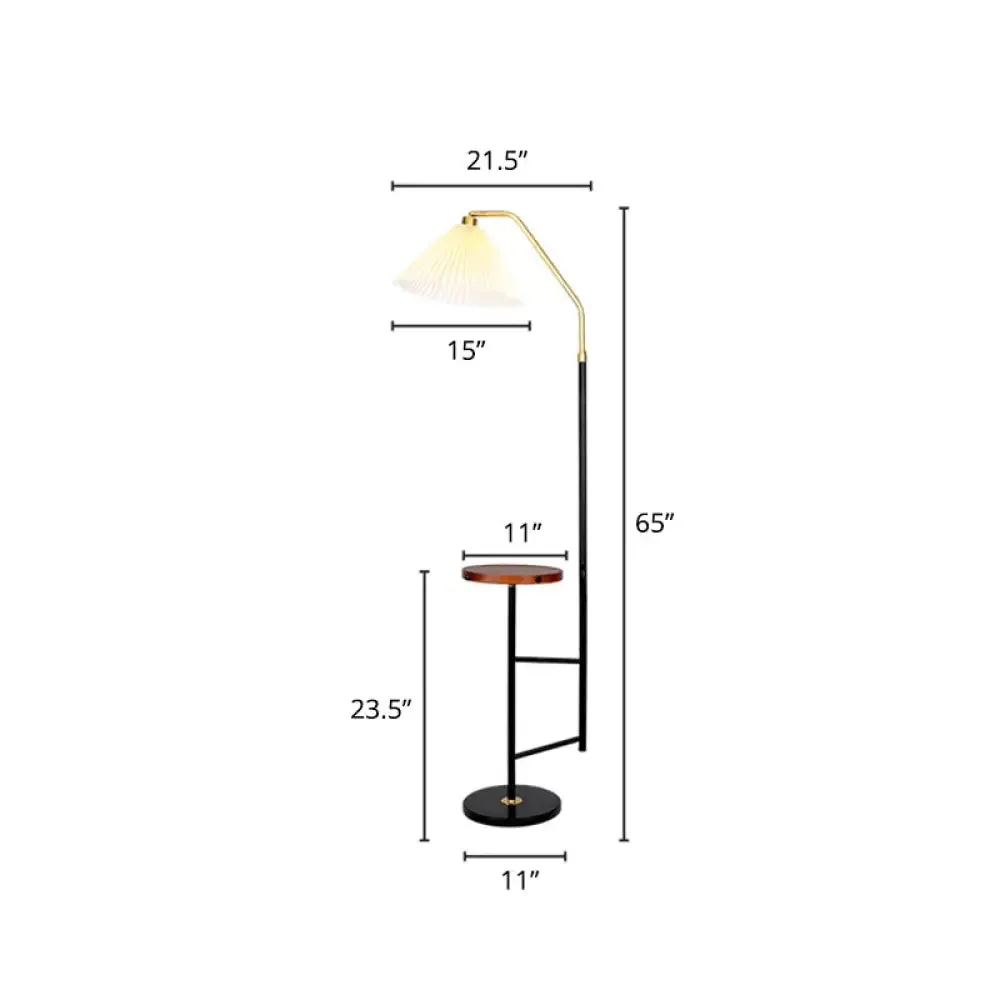 Minimalist Cone Floor Lamp with Pleated Fabric Shade, Tray, and Marble Base