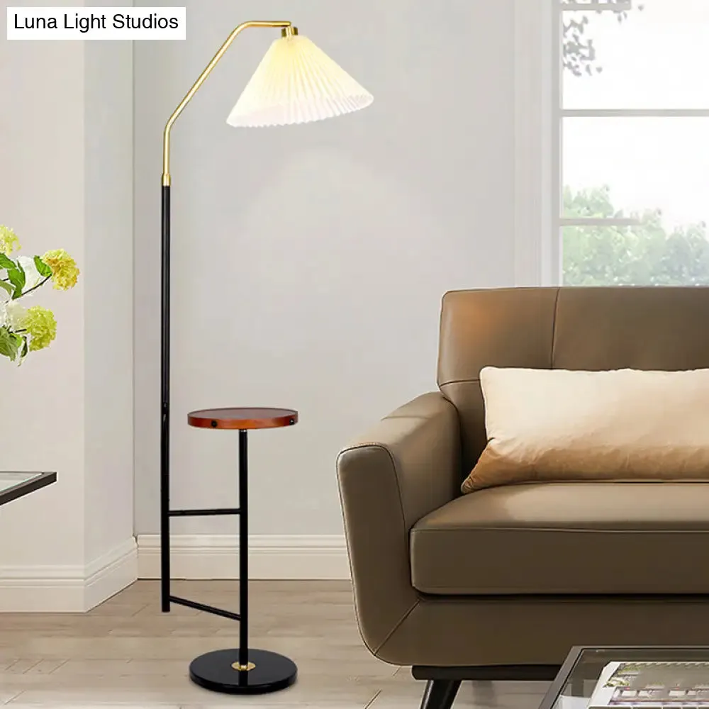 Minimalist Cone Floor Lamp with Pleated Fabric Shade, Tray, and Marble Base