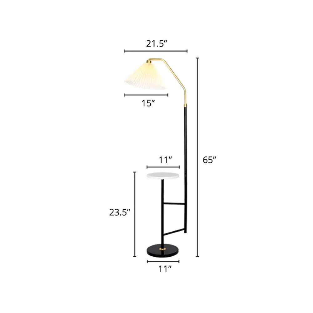 Minimalist Cone Floor Lamp with Pleated Fabric Shade, Tray, and Marble Base