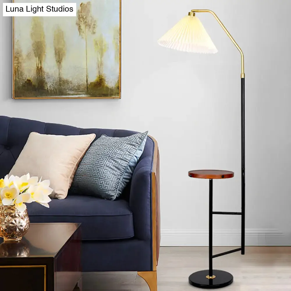 Minimalist Cone Floor Lamp with Pleated Fabric Shade, Tray, and Marble Base