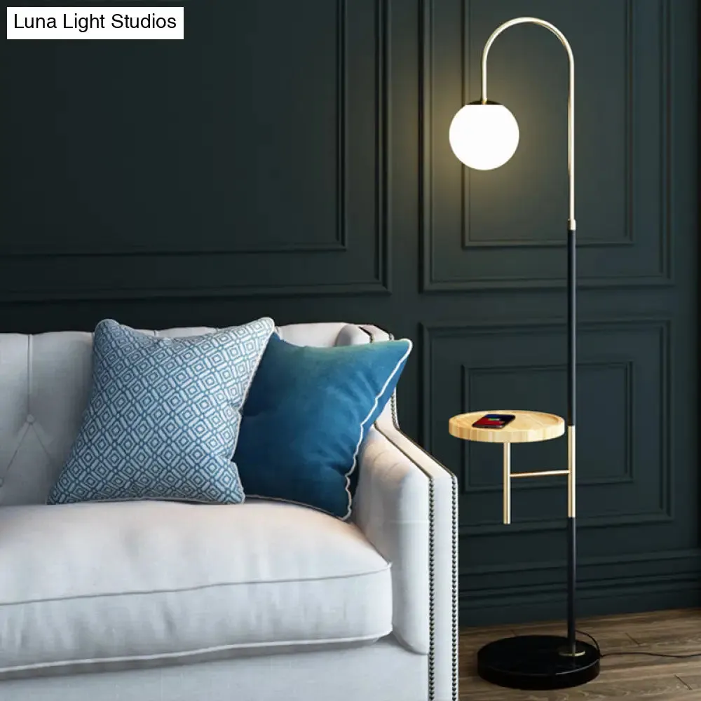 Minimalist Metal Gooseneck Floor Lamp with Single Tray and White Glass Shade