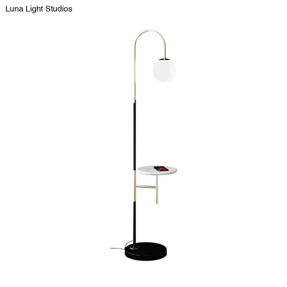 Minimalist Metal Gooseneck Floor Lamp with Single Tray and White Glass Shade