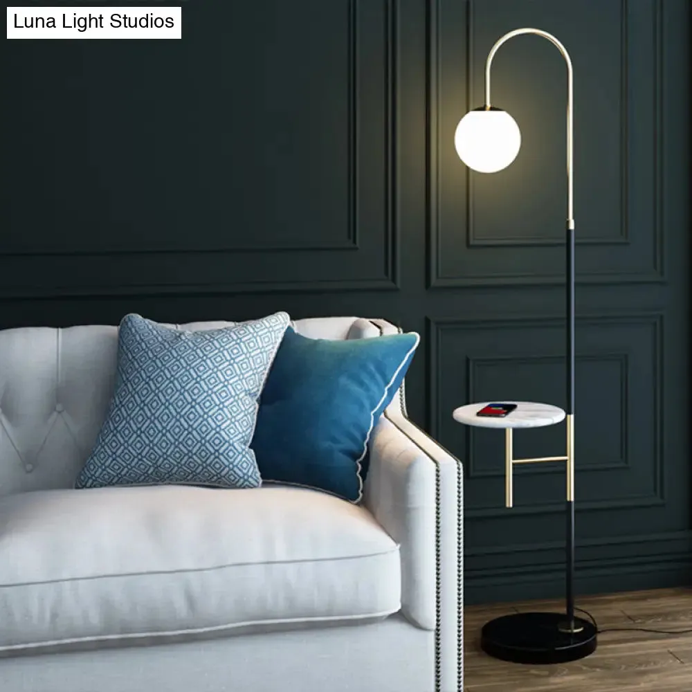 Minimalist Metal Gooseneck Floor Lamp with Single Tray and White Glass Shade