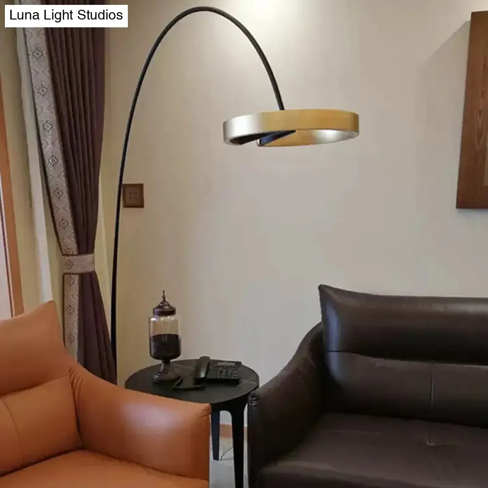 Minimalist Metal LED Floor Lamp with Rotatable Gold Loop and Fishing Rod Pole