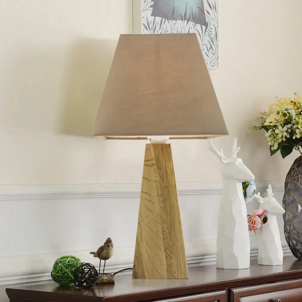 Minimalist Taupe/White Pagoda Table Lamp with Pyramidal Wood Pedestal