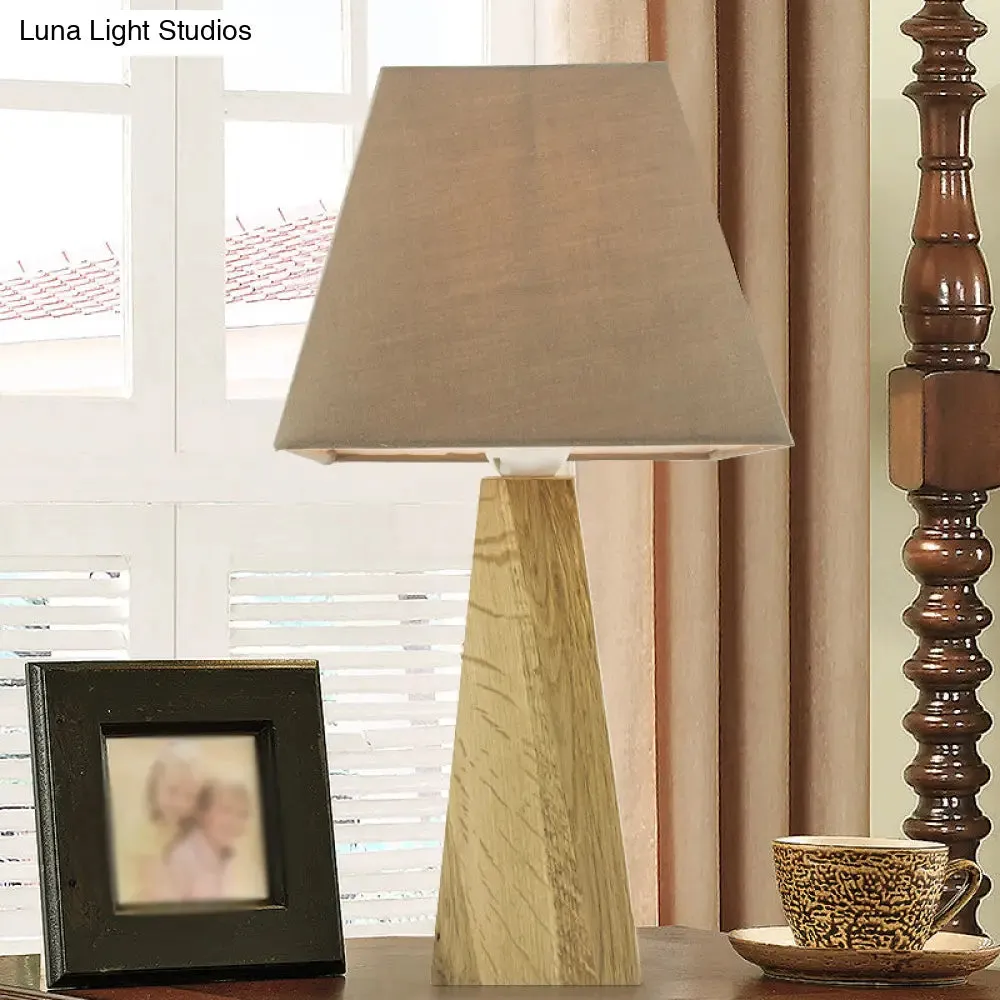 Minimalist Taupe/White Pagoda Table Lamp with Pyramidal Wood Pedestal