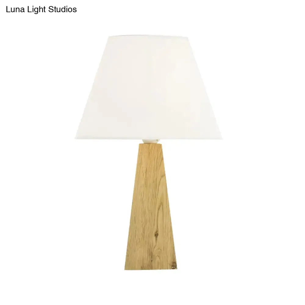 Minimalist Taupe/White Pagoda Table Lamp with Pyramidal Wood Pedestal