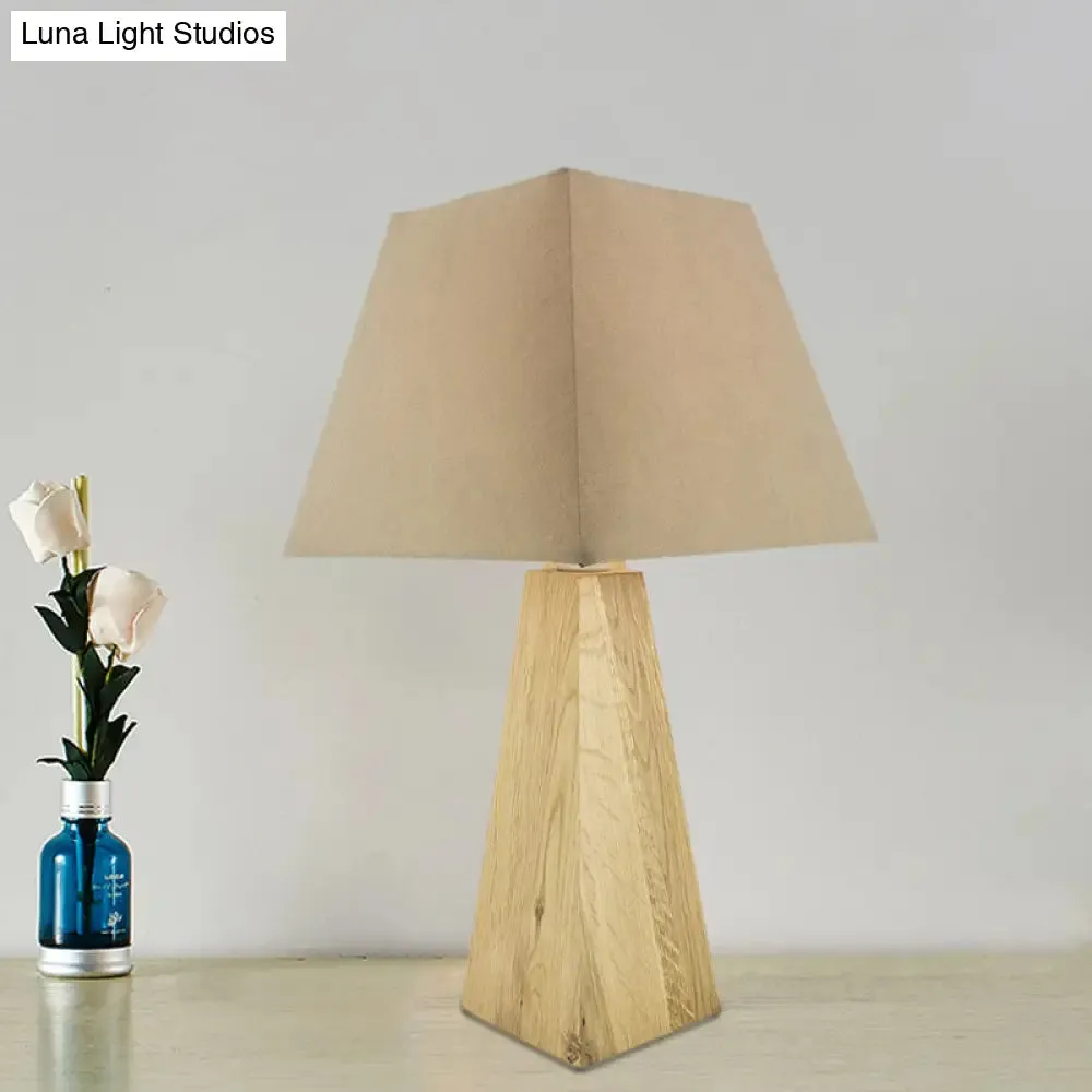 Minimalist Taupe/White Pagoda Table Lamp with Pyramidal Wood Pedestal