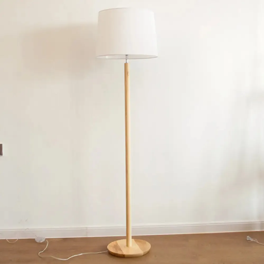 Minimalistic Fabric Tapered Drum Floor Lamp with Wood Stand - 1 Head Standing Light