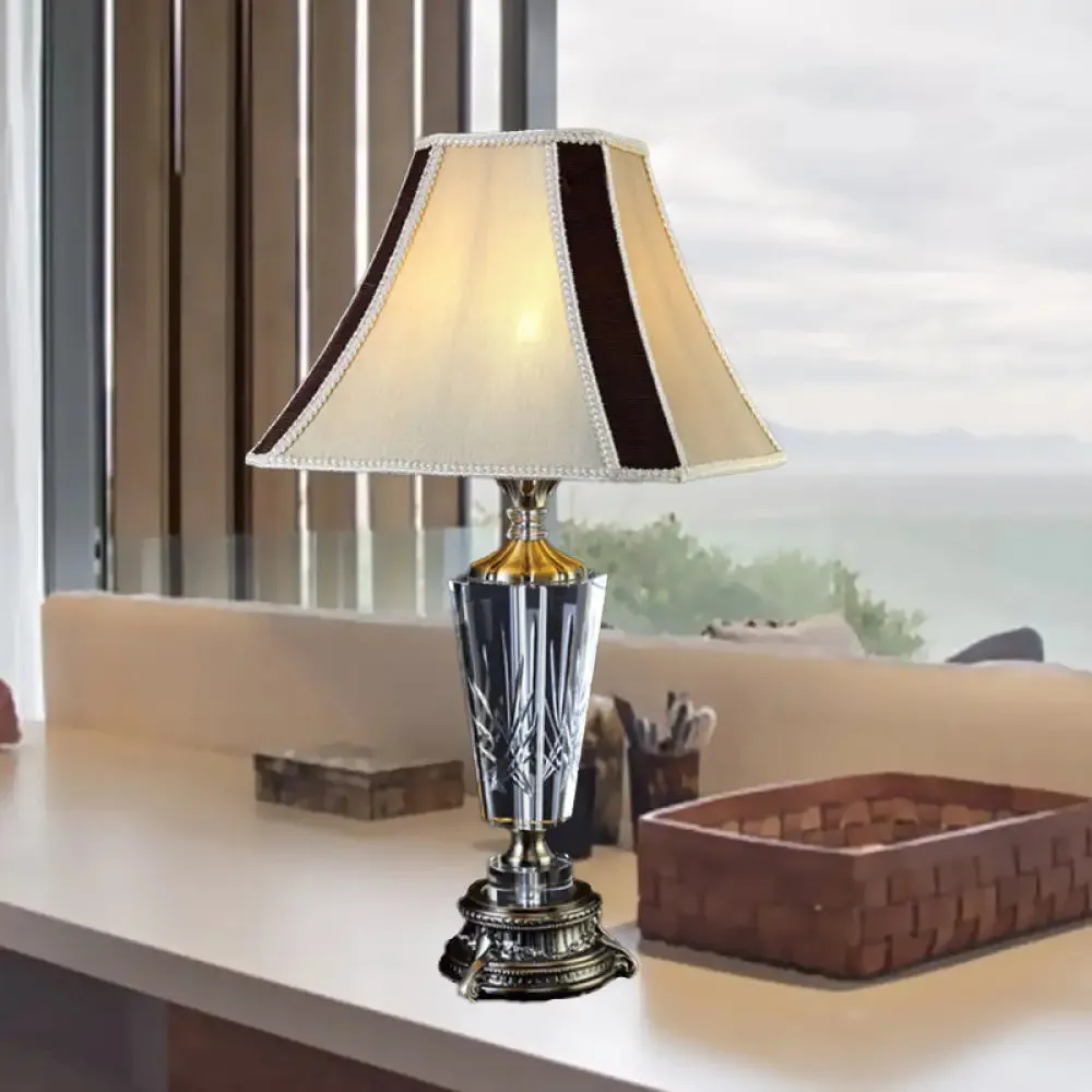 Modern Beige Fabric Bell Table Lamp with Sculpted Bronze Metallic Base