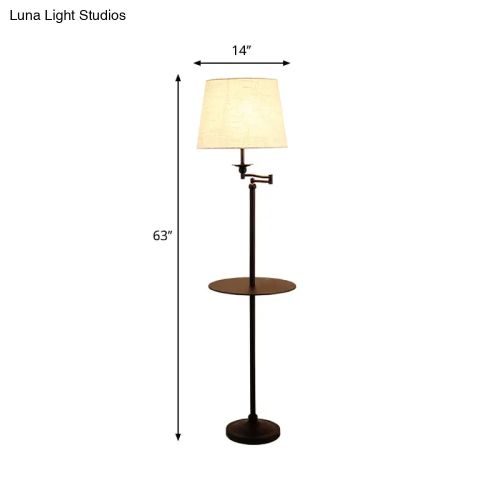 Modern Black Finish Floor Lamp with Shelf and White Fabric Shade