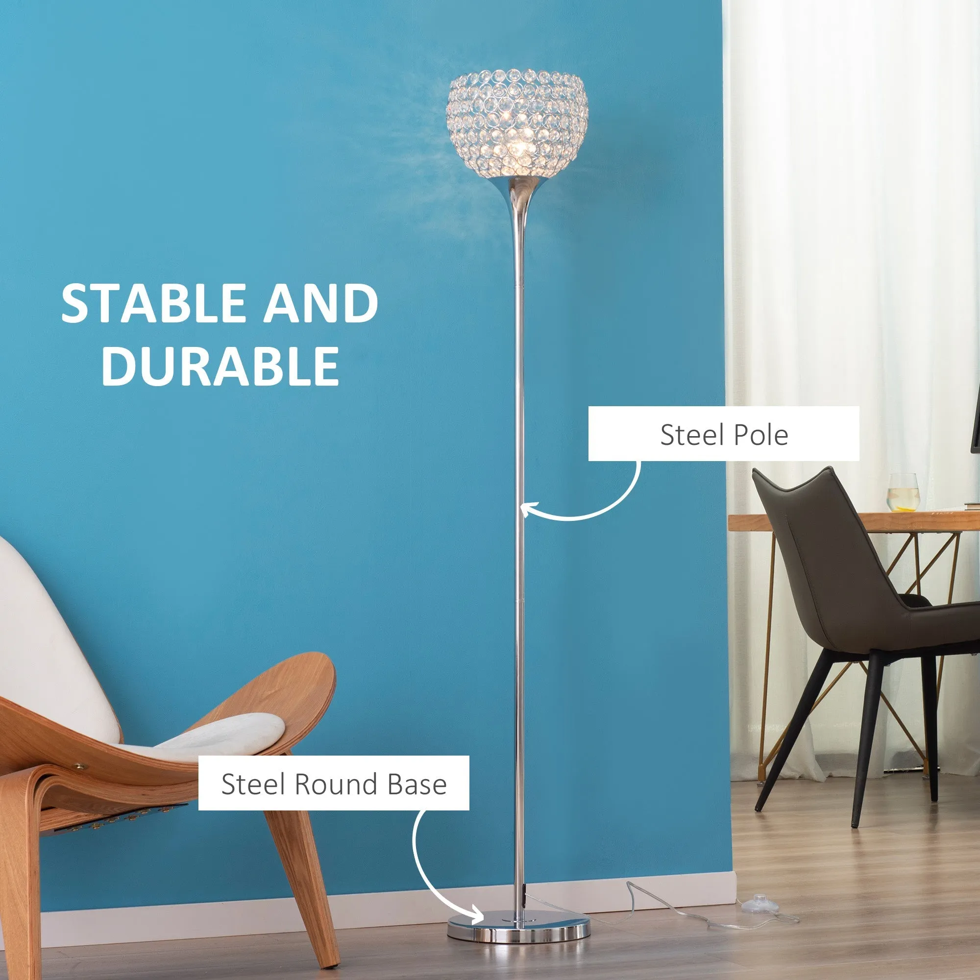 Modern Floor Lamp Tall Standing Lamp With K9 Crystal Shade For Living Room Silver