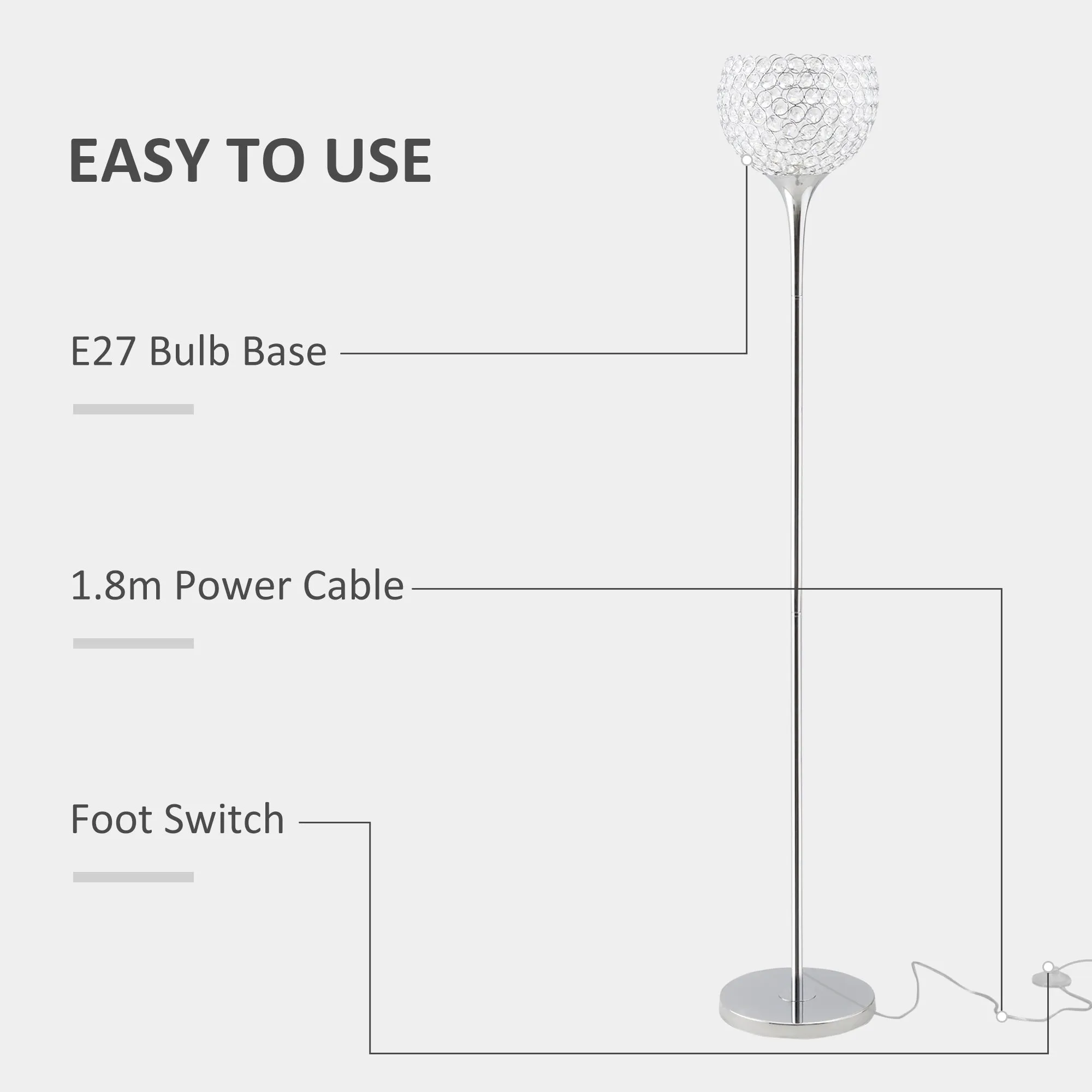 Modern Floor Lamp Tall Standing Lamp With K9 Crystal Shade For Living Room Silver