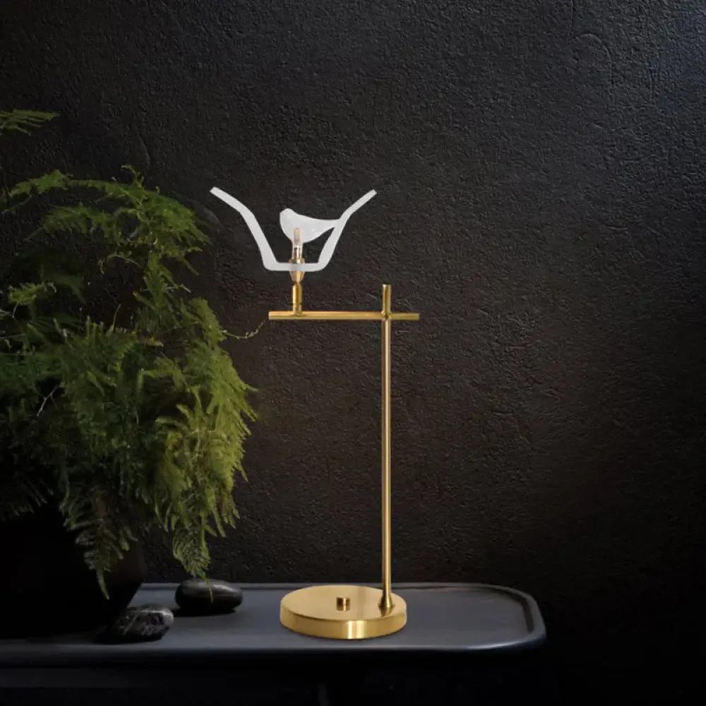 Modern Gold LED Table Lamp with Bird Opal Glass Shade - Right Angle Arm Desk Light