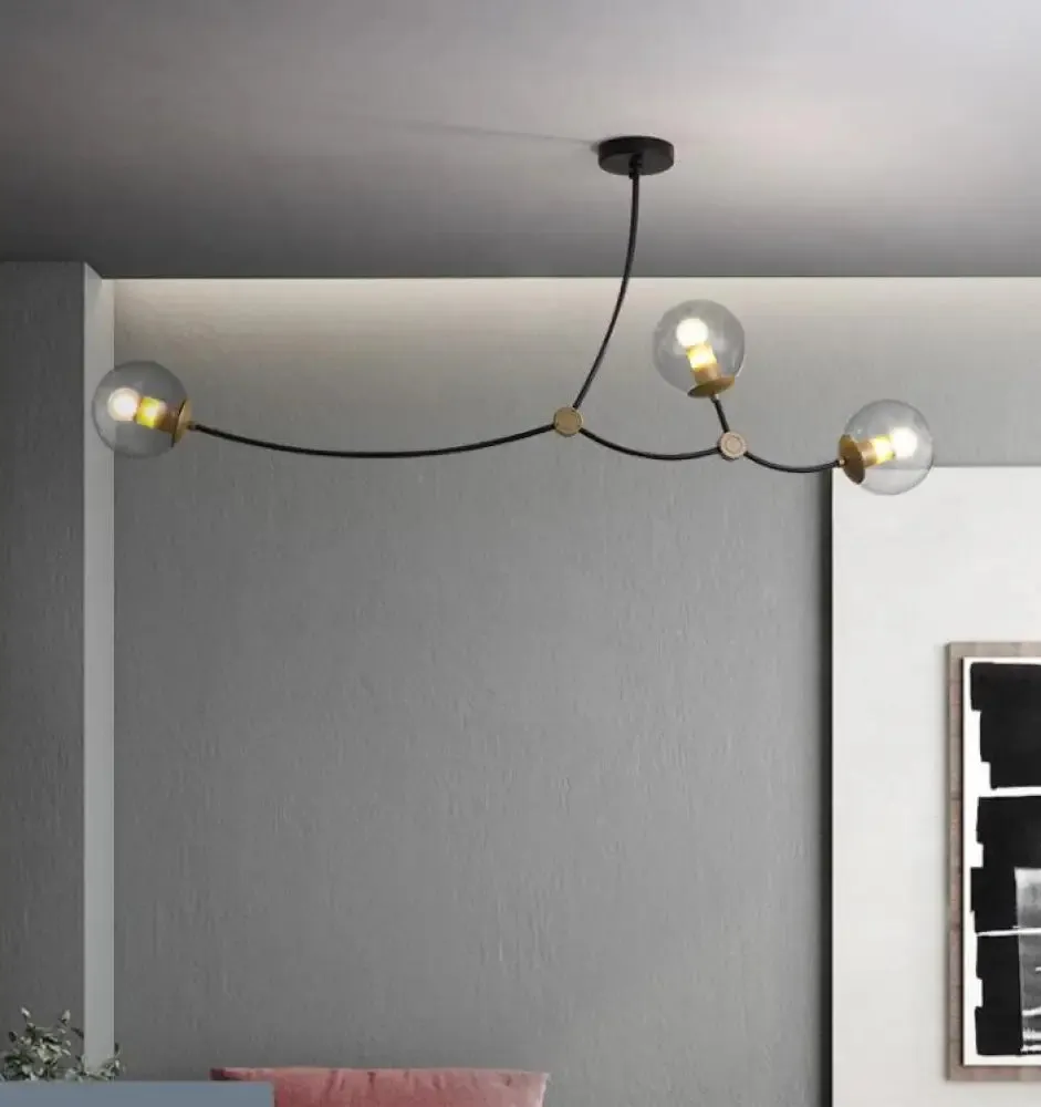 Molecular Suspension Island Light: Minimalist Black-Gold Metal Design with Ball Glass Shade