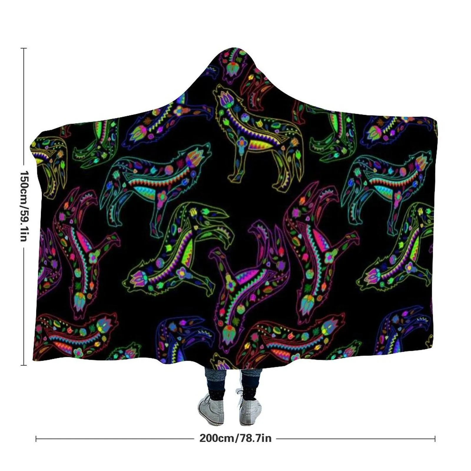 Neon Floral Wolves Hooded Blanket