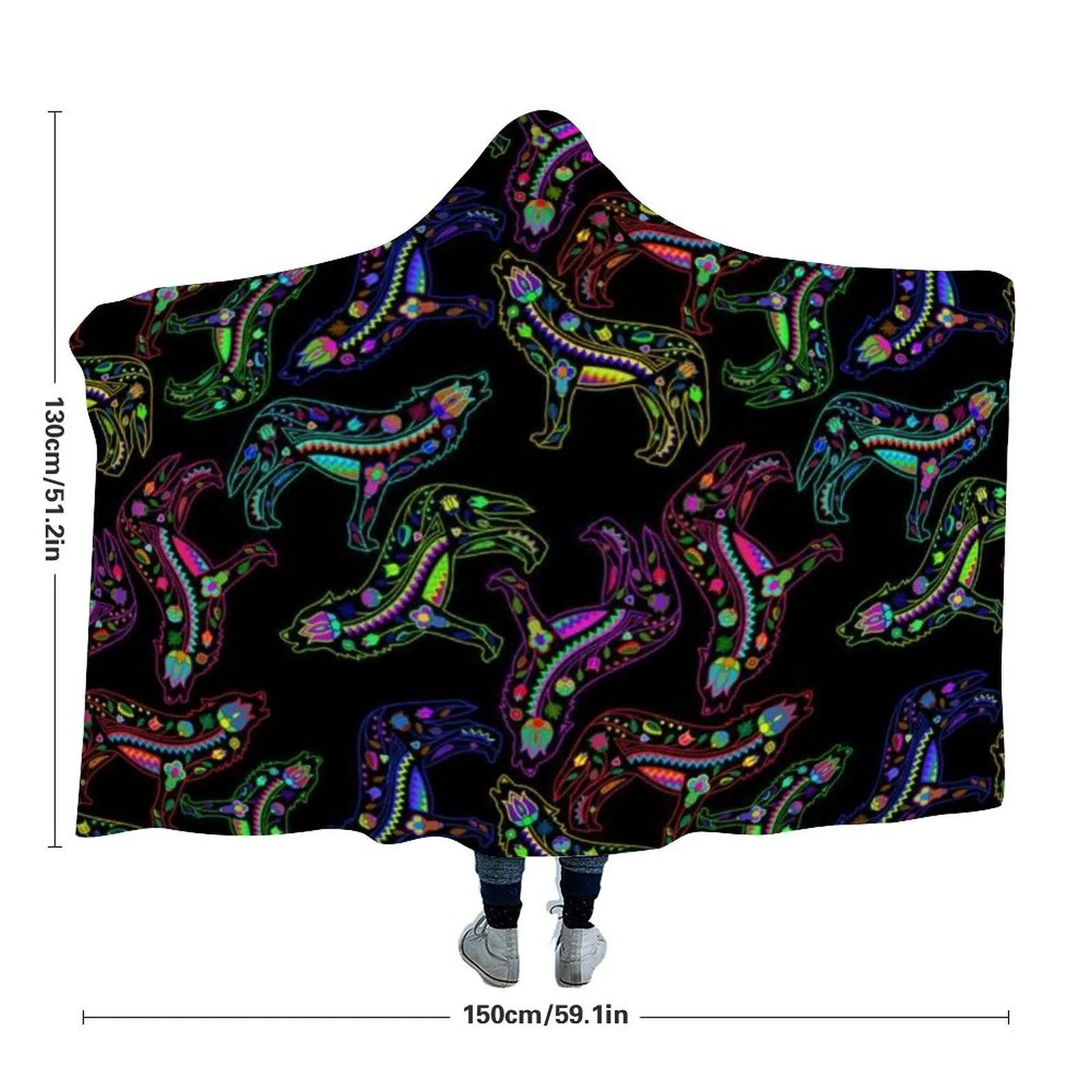 Neon Floral Wolves Hooded Blanket