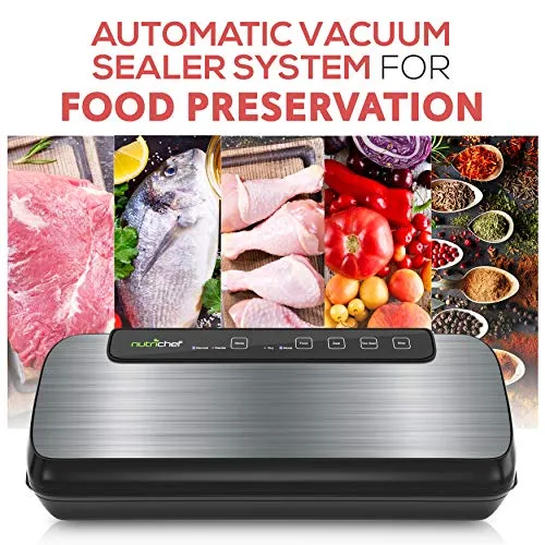 NutriChef PKVS Sealer | Automatic Vacuum Air Sealing System Preservation w/Starter Kit | Compact Design | Lab Tested | Dry & Moist Food Modes | Led Indicator Lights, 12", Stainless Steel