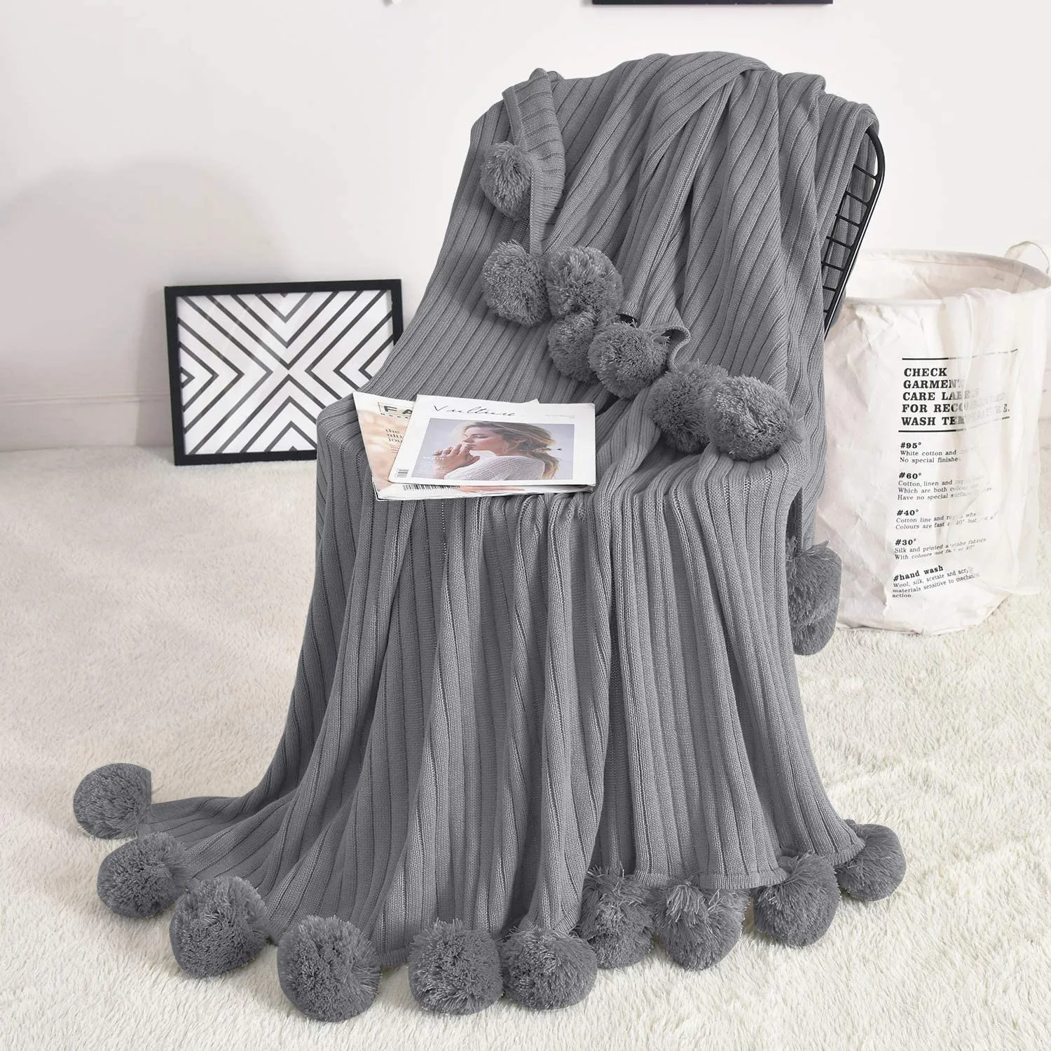 Pom Pom Dark Gray Cotton Blanket