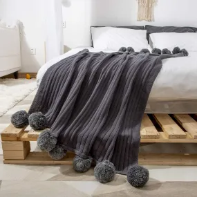 Pom Pom Dark Gray Cotton Blanket