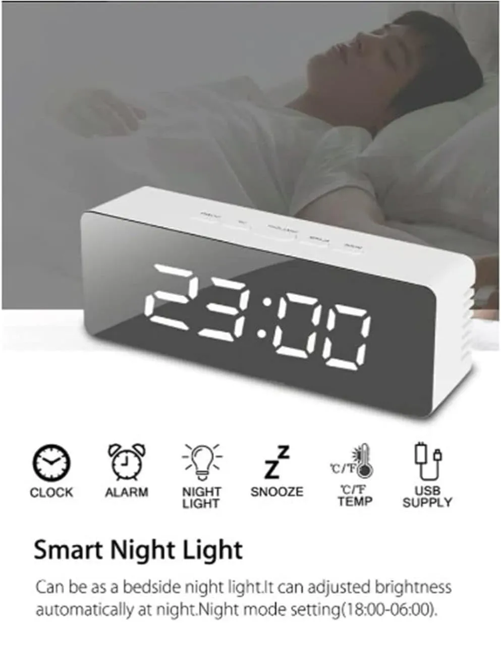 Rectangle LED Smart Night Light Digital Alarm Clock with Temperture Display Fuction for Home Office Living Room Mirror Finish Desk and Shelf Clocks (White)