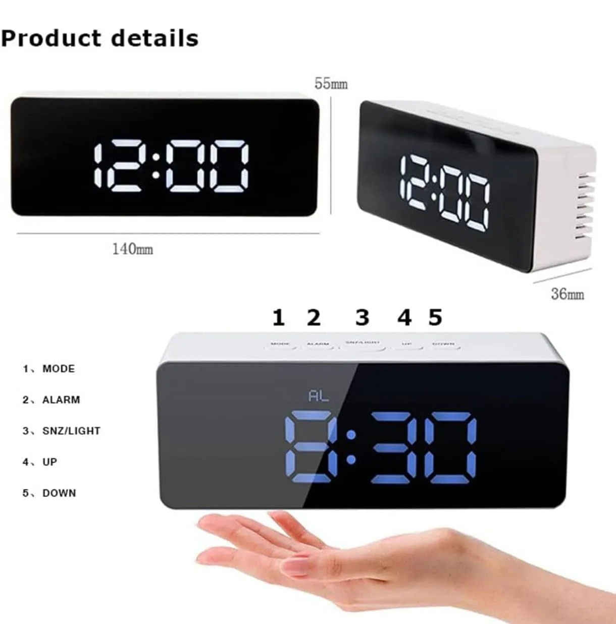 Rectangle LED Smart Night Light Digital Alarm Clock with Temperture Display Fuction for Home Office Living Room Mirror Finish Desk and Shelf Clocks (White)