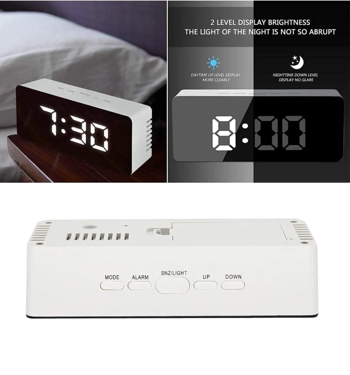 Rectangle LED Smart Night Light Digital Alarm Clock with Temperture Display Fuction for Home Office Living Room Mirror Finish Desk and Shelf Clocks (White)